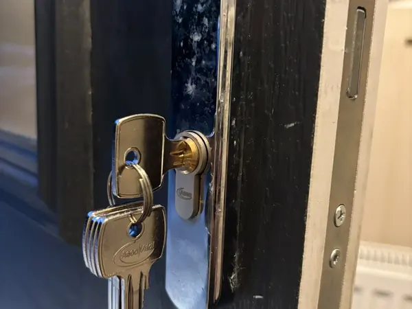 Euro cylinder with a bunch of new keys on a black composite door