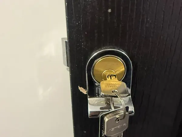 Rim cylinder with new keys on a black front door