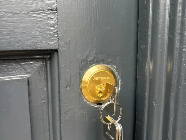 Brass rim cylinder with keys on a grey panelled door